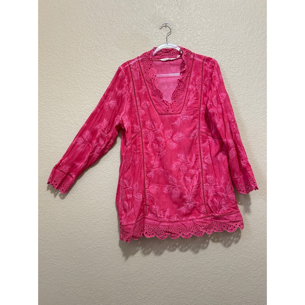 Soft Surroundings L Tunic Top Pink Embroidered Eyelet Lace Boho V-Neck 2CE06